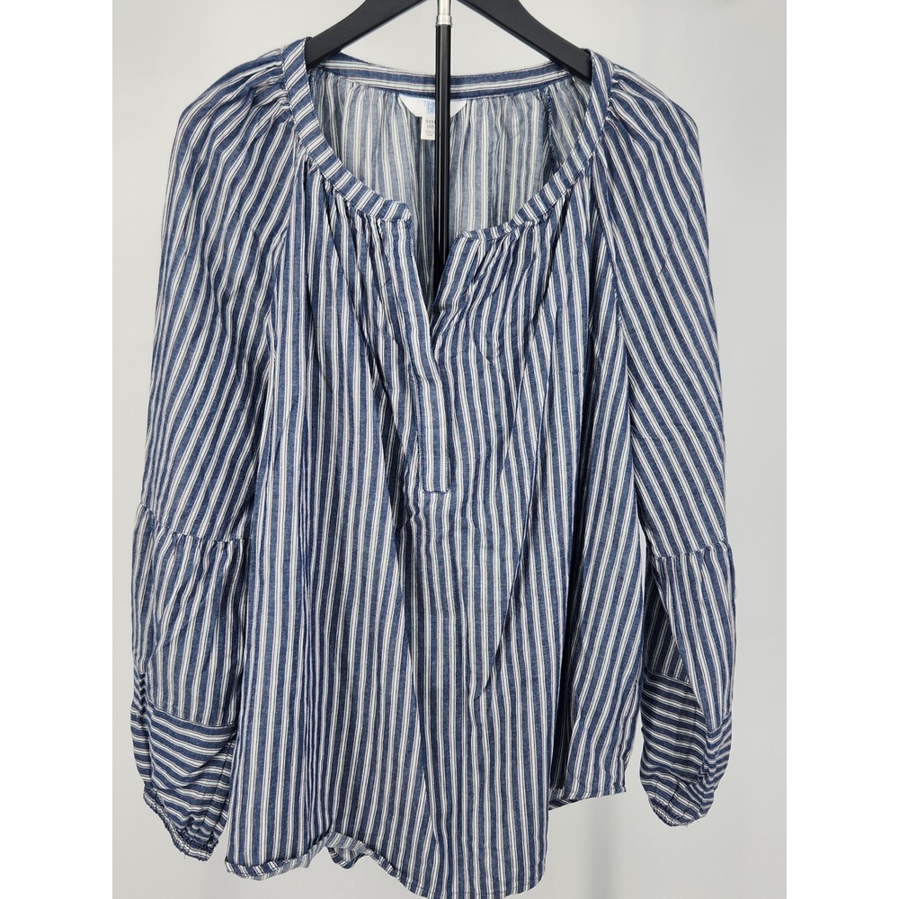 Time and Tru Womens XXXL Blue White Striped Cotton Peasant Blouse Split Neck Top